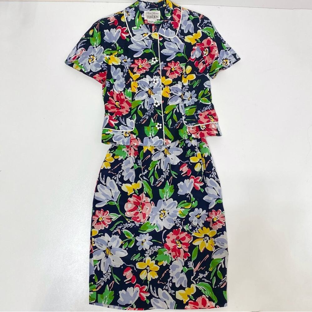 Rickie Freeman for Teri Jon Vintage Linen Jacket Silk Skirt Suit Set Floral 4